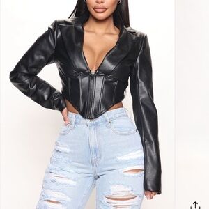 Black Faux Leather Blazer Top